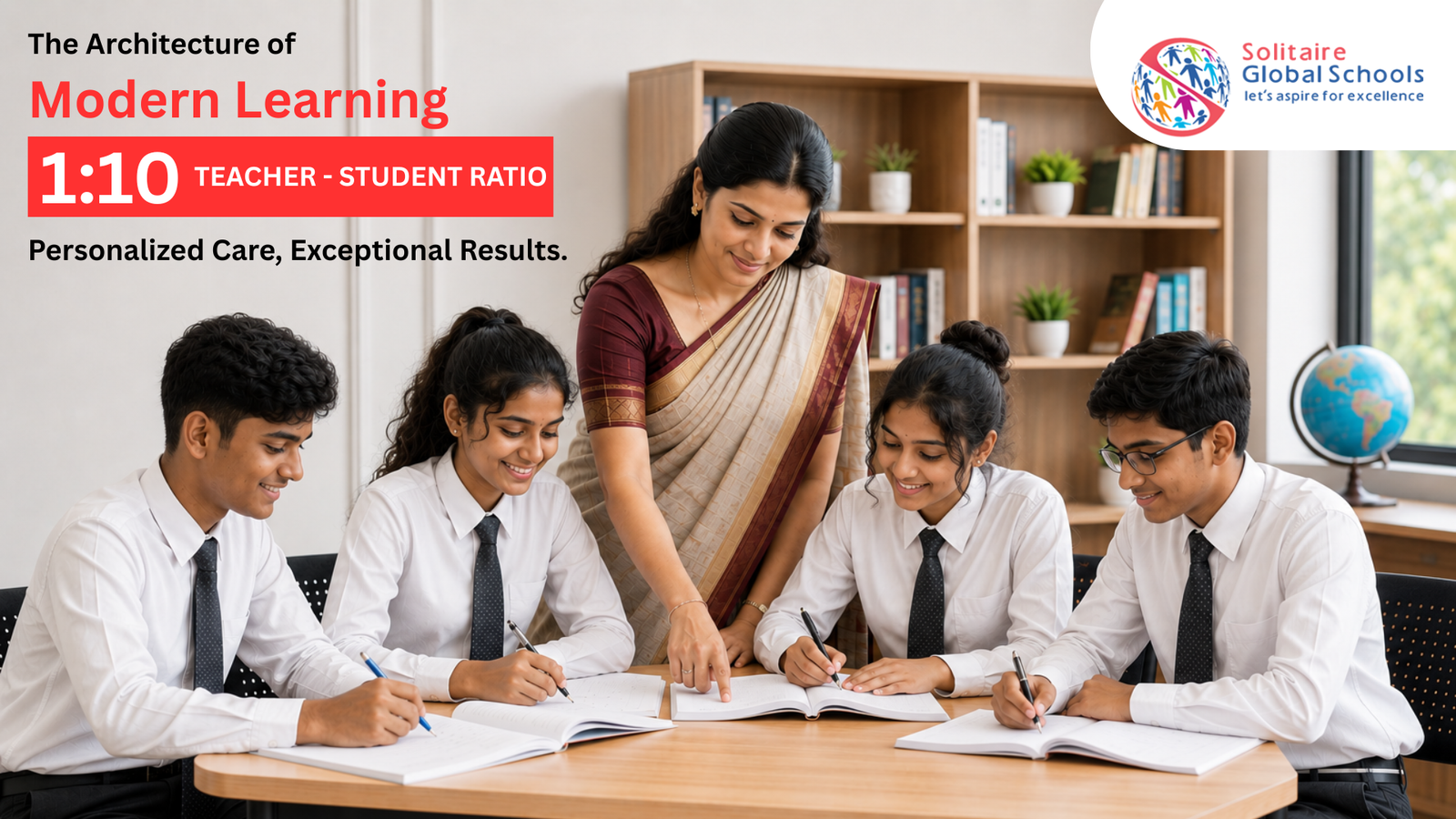 A classroom at Solitaire Global Schools featuring a teacher in a saree mentoring four students in a modern learning environment, highlighting the school's 1:10 teacher-student ratio and personalized education approach.